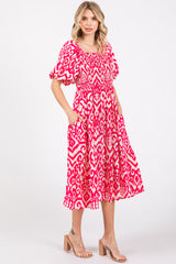 Fuchsia Square Neck Smocked Ruffle Midi Dress