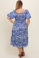 Royal Printed Smocked Puff Sleeve Plus Maternity Midi Dress