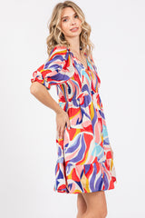 Coral Abstract Print Smocked Dress