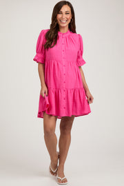 Fuchsia Buttoned Down Short Sleeve Maternity Dress