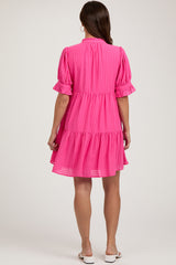 Fuchsia Buttoned Down Short Sleeve Maternity Dress