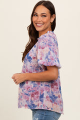 Blue Floral Puff Sleeve Maternity Blouse