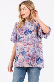 Blue Floral Puff Sleeve Blouse