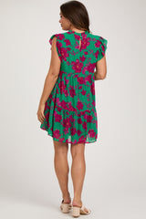 Green Magenta Floral Tiered Maternity Mini Dress