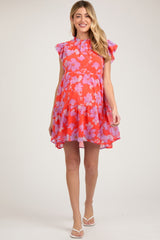 Red Orange Floral Tiered Maternity Mini Dress