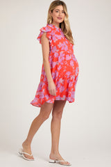 Red Orange Floral Tiered Maternity Mini Dress