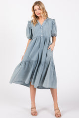 Blue Denim Button Front Short Sleeve Tiered Maternity Midi Dress