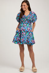 Blue Multi-Color Tropical Print Ruffle Hem Maternity Dress