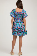 Blue Multi-Color Tropical Print Ruffle Hem Maternity Dress