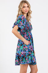 Blue Multi-Color Tropical Print Ruffle Hem Dress