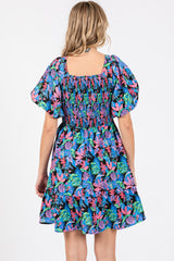 Blue Multi-Color Tropical Print Ruffle Hem Dress