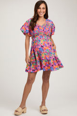 Pink Multi-Color Tropical Print Ruffle Hem Maternity Dress