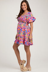 Pink Multi-Color Tropical Print Ruffle Hem Maternity Dress