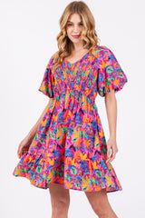 Pink Multi-Color Tropical Print Ruffle Hem Dress