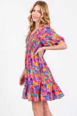 Pink Multi-Color Tropical Print Ruffle Hem Dress