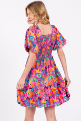 Pink Multi-Color Tropical Print Ruffle Hem Dress