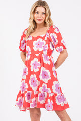 Red Floral Ruffle Hem Maternity Dress