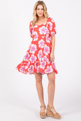 Red Floral Ruffle Hem Dress