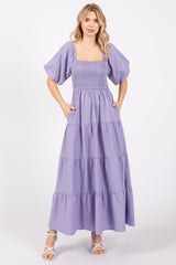 Lavender Smocked Square Neck Puff Sleeve Tiered Maternity Maxi Dress