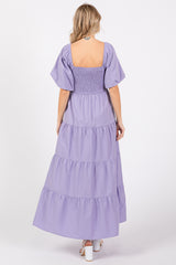 Lavender Smocked Square Neck Puff Sleeve Tiered Maxi Dress