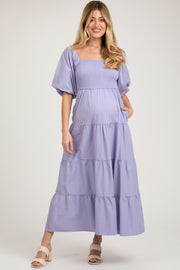 Lavender Smocked Square Neck Puff Sleeve Tiered Maternity Maxi Dress