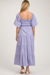 Lavender Smocked Square Neck Puff Sleeve Tiered Maternity Maxi Dress