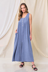 Blue Ribbed Sleeveless Button Front Jumpsuit