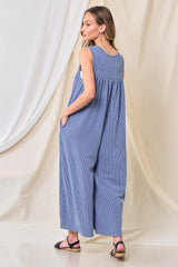 Blue Ribbed Sleeveless Button Front Jumpsuit