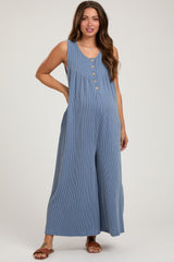 Blue Ribbed Sleeveless Button Front Maternity Jumpsuit