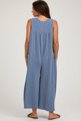 Blue Ribbed Sleeveless Button Front Maternity Jumpsuit