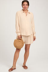 Cream Linen Button Down Long Sleeve Maternity Short Set