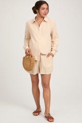 Cream Linen Button Down Long Sleeve Maternity Short Set