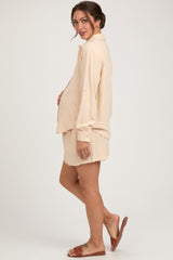 Cream Linen Button Down Long Sleeve Maternity Short Set