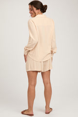 Cream Linen Button Down Long Sleeve Maternity Short Set