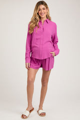 Fuchsia Linen Button Down Long Sleeve Maternity Short Set