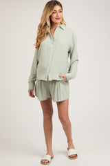 Mint Green Linen Button Down Long Sleeve Maternity Short Set