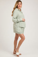 Mint Green Linen Button Down Long Sleeve Maternity Short Set