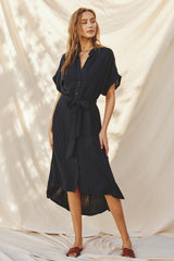 Black Button Down Belted Dolman Sleeve Midi Dress