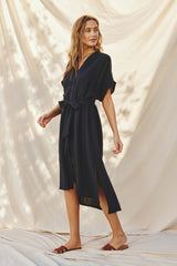 Black Button Down Belted Dolman Sleeve Midi Dress