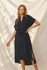 Black Button Down Belted Dolman Sleeve Midi Dress