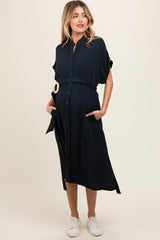 Black Button Down Belted Dolman Sleeve Maternity Midi Dress