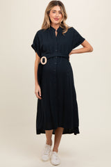 Black Button Down Belted Dolman Sleeve Maternity Midi Dress