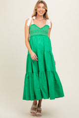 Green Ribbon Strap Tiered Maternity Maxi Dress