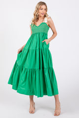 Green Ribbon Strap Tiered Maternity Maxi Dress