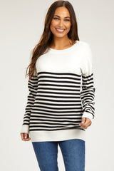 White Striped Elbow Patch Knit Maternity Sweater