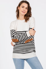 White Striped Elbow Patch Knit Sweater