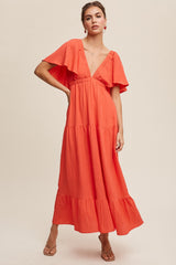 Coral Deep V-Neck Flutter Sleeve Tiered Maternity Midi Dress