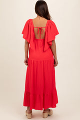 Coral Deep V-Neck Flutter Sleeve Tiered Maternity Midi Dress