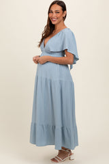 Light Blue Deep V-Neck Flutter Sleeve Tiered Maternity Midi Dress