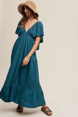 Emerald Deep V-Neck Flutter Sleeve Tiered Midi Dress